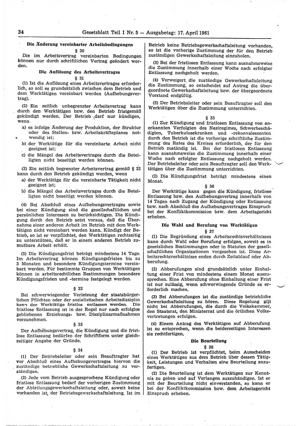 Gesetzblatt (GBl.) der Deutschen Demokratischen Republik (DDR) Teil Ⅰ 1961, Seite 34 (GBl. DDR Ⅰ 1961, S. 34)