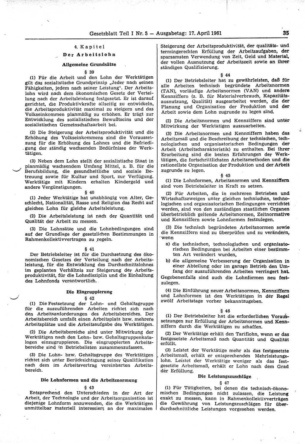 Gesetzblatt (GBl.) der Deutschen Demokratischen Republik (DDR) Teil â… 1961, Seite 35 (GBl. DDR â… 1961, S. 35)