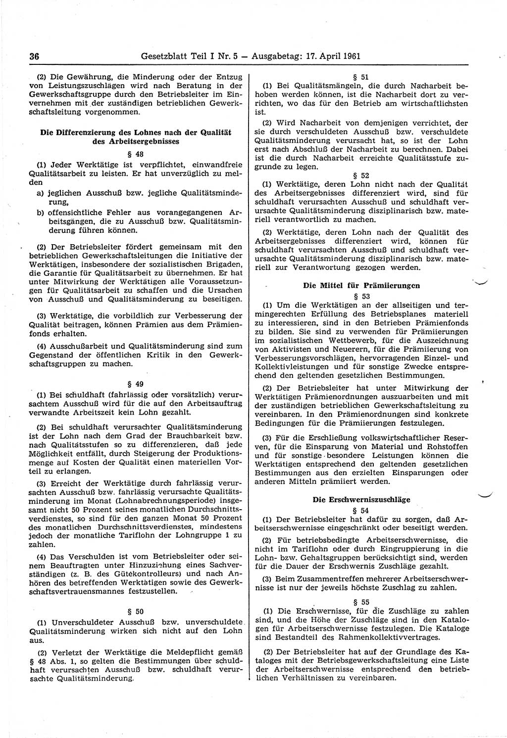 Gesetzblatt (GBl.) der Deutschen Demokratischen Republik (DDR) Teil Ⅰ 1961, Seite 36 (GBl. DDR Ⅰ 1961, S. 36)