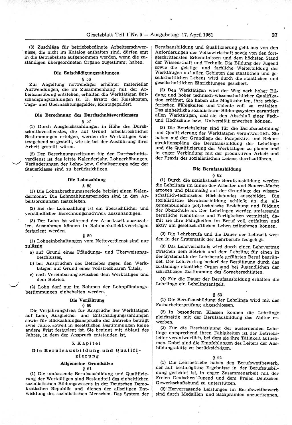 Gesetzblatt (GBl.) der Deutschen Demokratischen Republik (DDR) Teil Ⅰ 1961, Seite 37 (GBl. DDR Ⅰ 1961, S. 37)