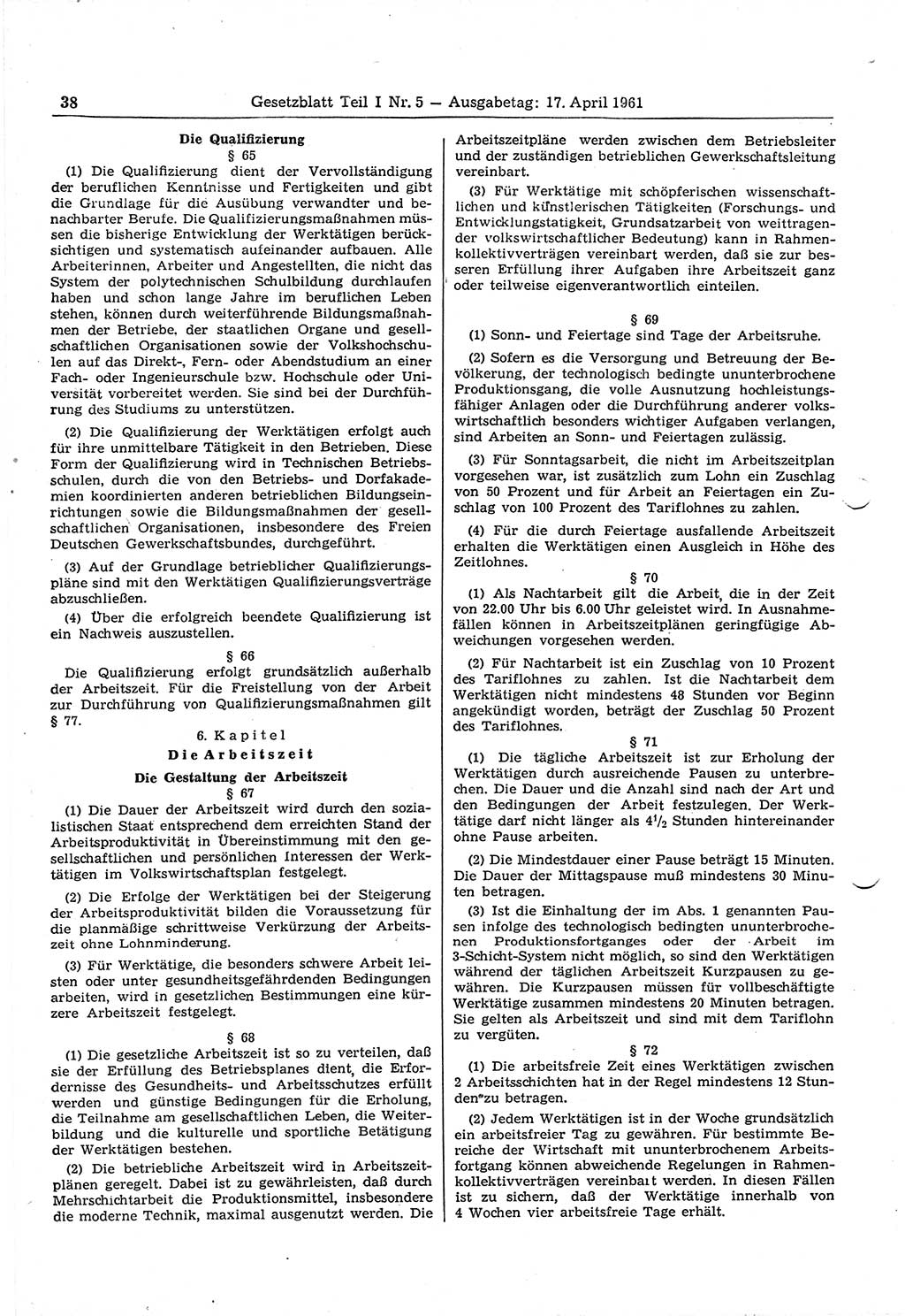 Gesetzblatt (GBl.) der Deutschen Demokratischen Republik (DDR) Teil Ⅰ 1961, Seite 38 (GBl. DDR Ⅰ 1961, S. 38)