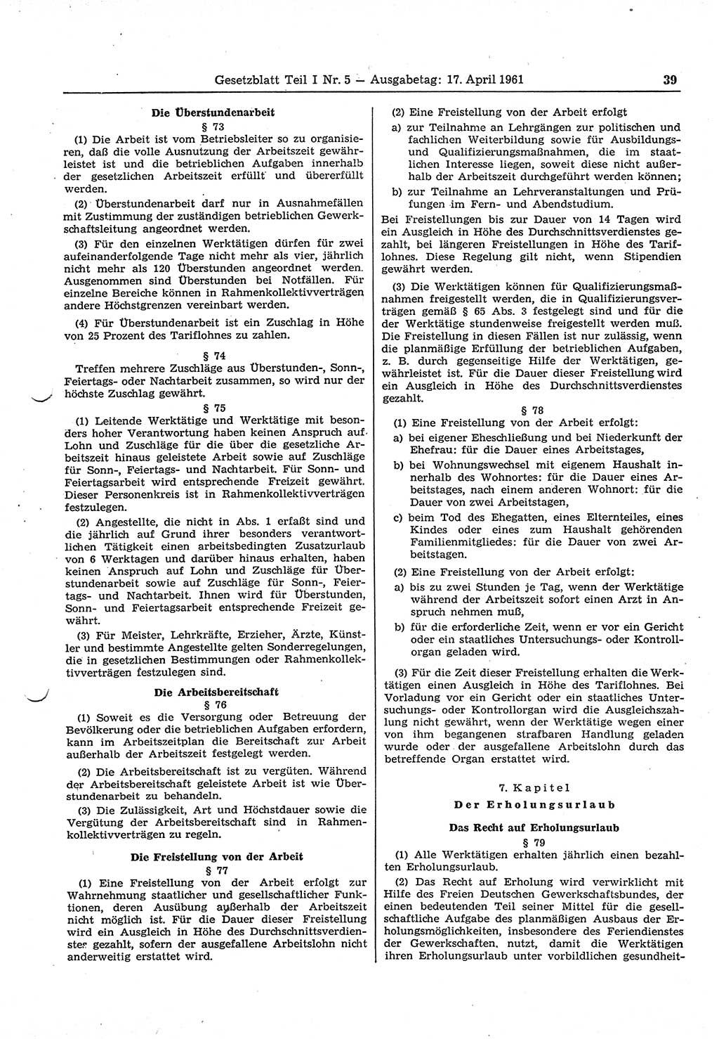 Gesetzblatt (GBl.) der Deutschen Demokratischen Republik (DDR) Teil Ⅰ 1961, Seite 39 (GBl. DDR Ⅰ 1961, S. 39)