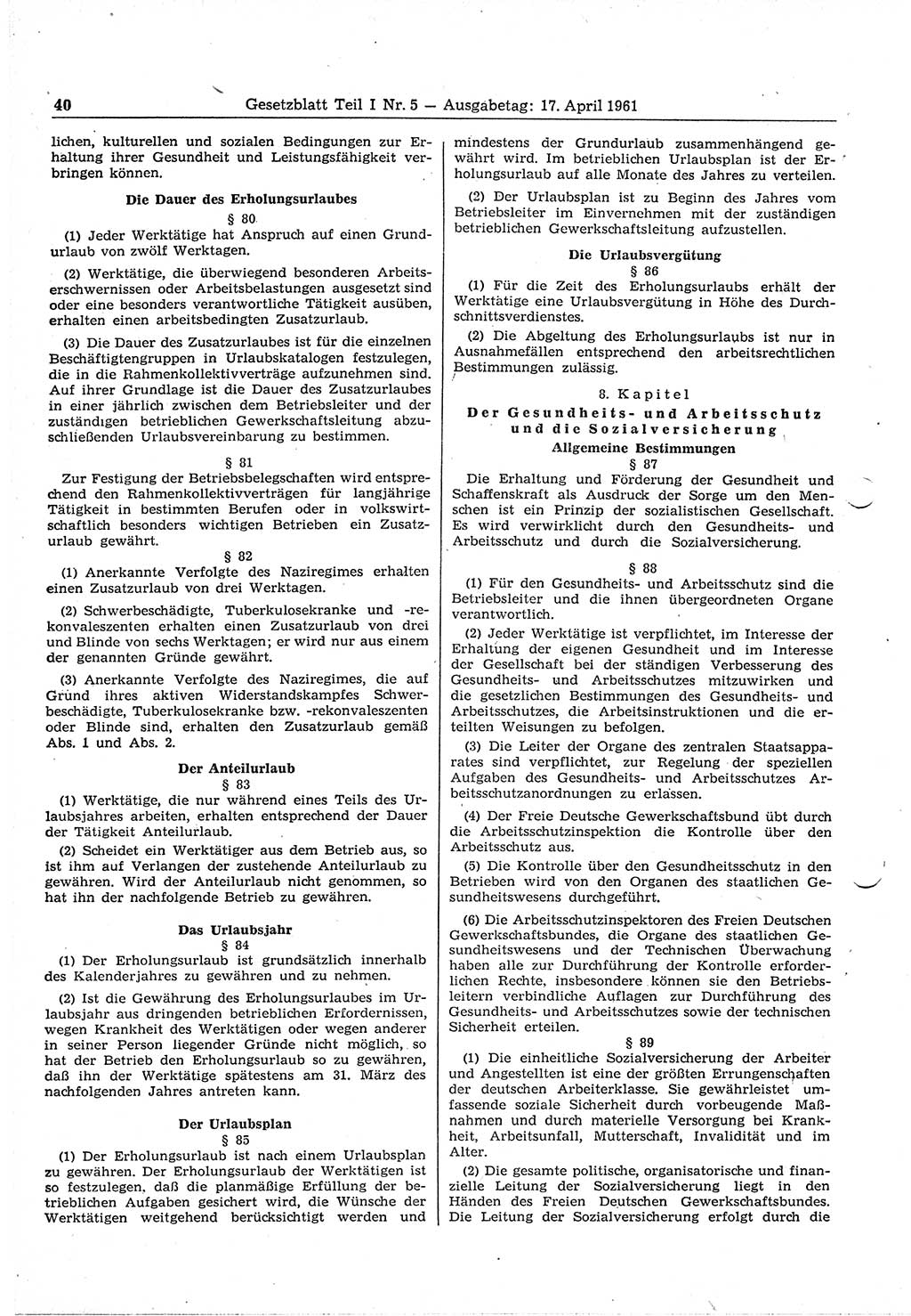 Gesetzblatt (GBl.) der Deutschen Demokratischen Republik (DDR) Teil Ⅰ 1961, Seite 40 (GBl. DDR Ⅰ 1961, S. 40)