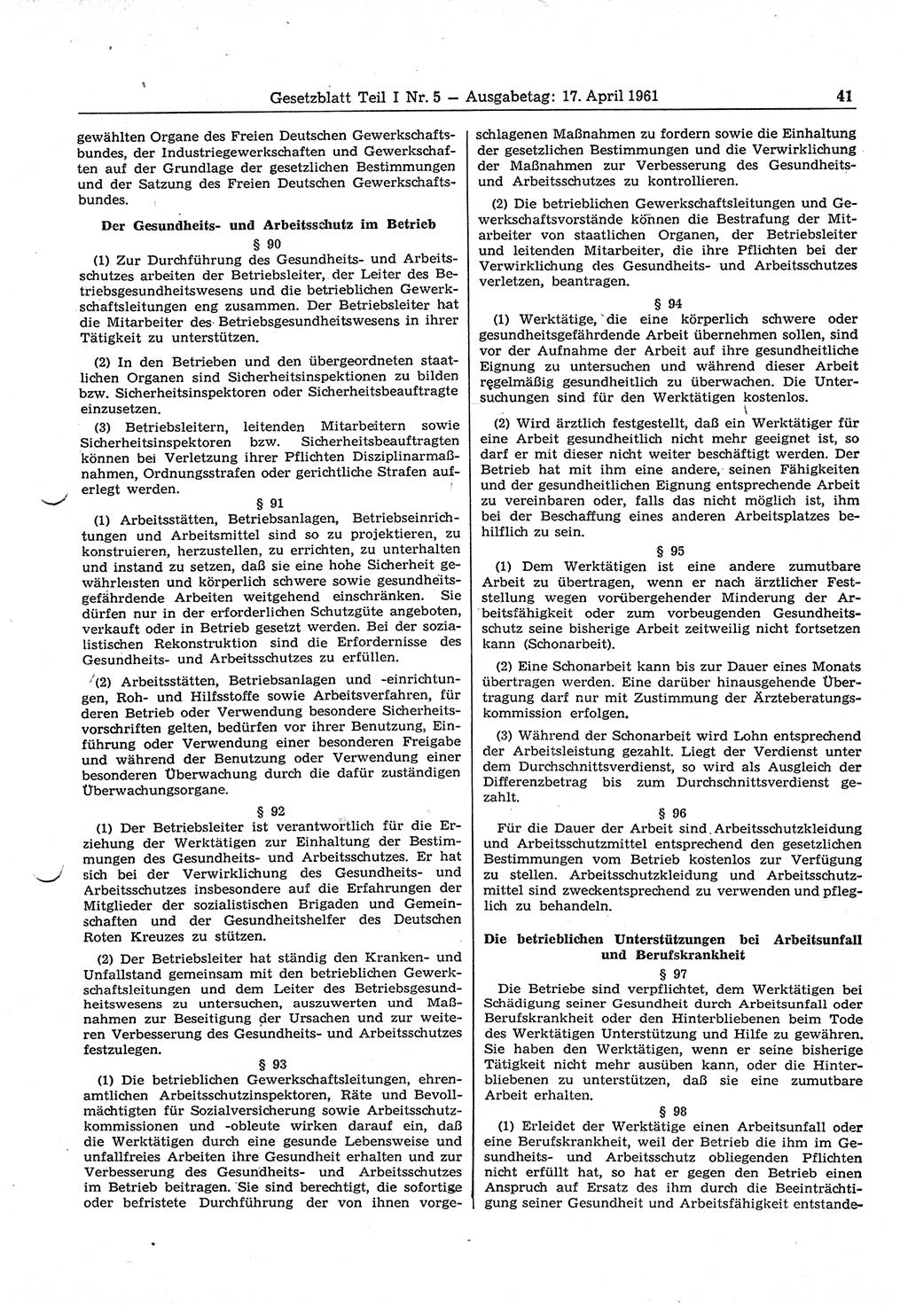 Gesetzblatt (GBl.) der Deutschen Demokratischen Republik (DDR) Teil Ⅰ 1961, Seite 41 (GBl. DDR Ⅰ 1961, S. 41)