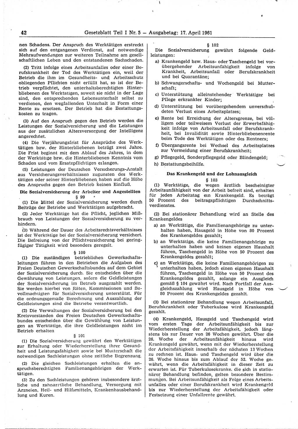 Gesetzblatt (GBl.) der Deutschen Demokratischen Republik (DDR) Teil Ⅰ 1961, Seite 42 (GBl. DDR Ⅰ 1961, S. 42)