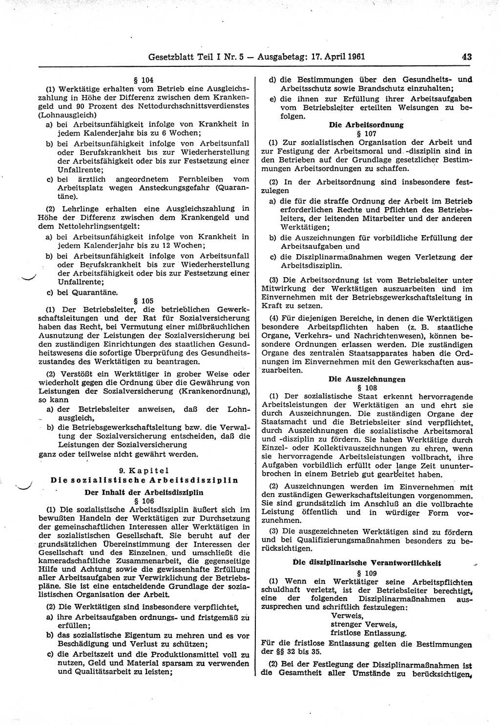 Gesetzblatt (GBl.) der Deutschen Demokratischen Republik (DDR) Teil Ⅰ 1961, Seite 43 (GBl. DDR Ⅰ 1961, S. 43)