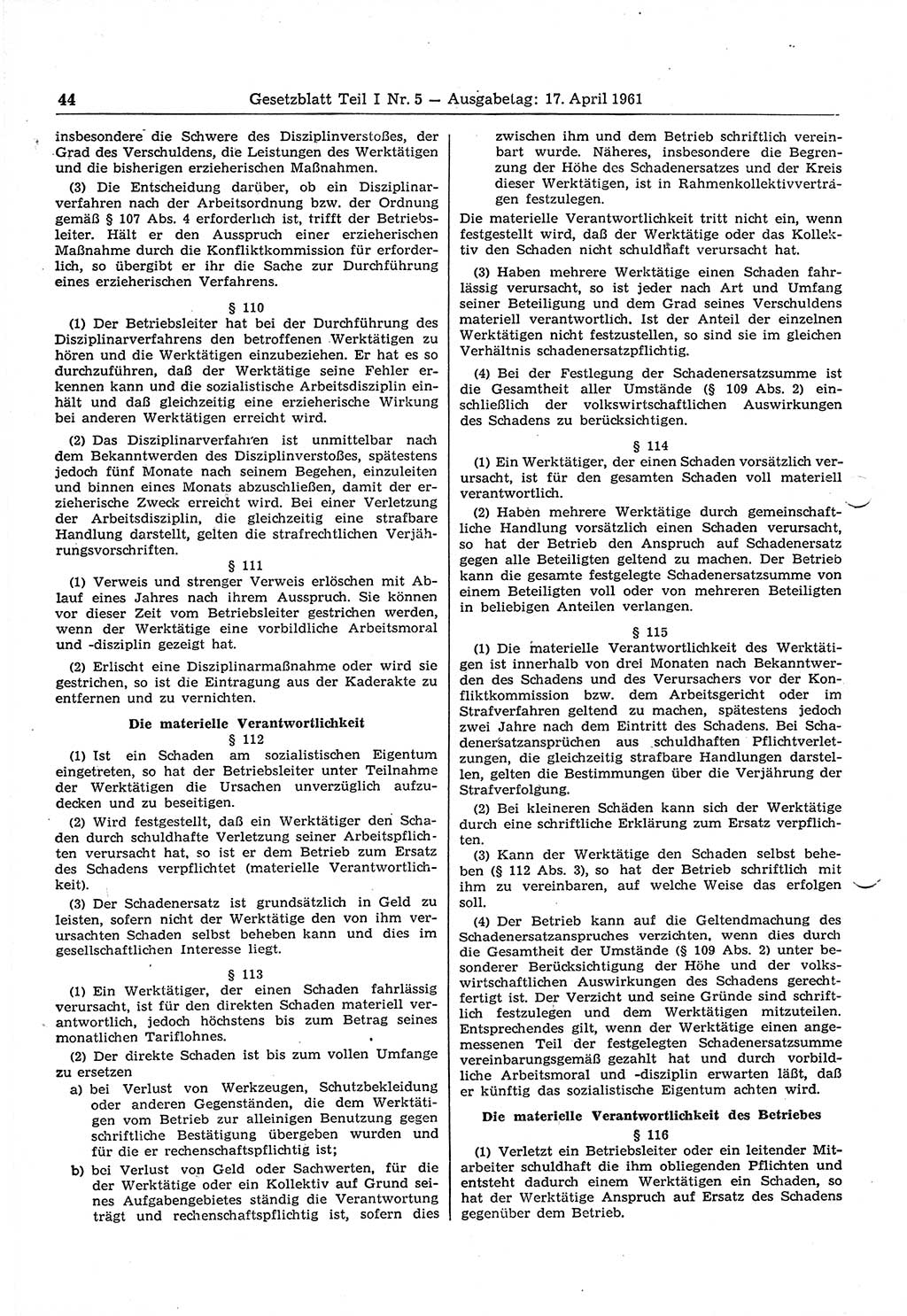 Gesetzblatt (GBl.) der Deutschen Demokratischen Republik (DDR) Teil Ⅰ 1961, Seite 44 (GBl. DDR Ⅰ 1961, S. 44)
