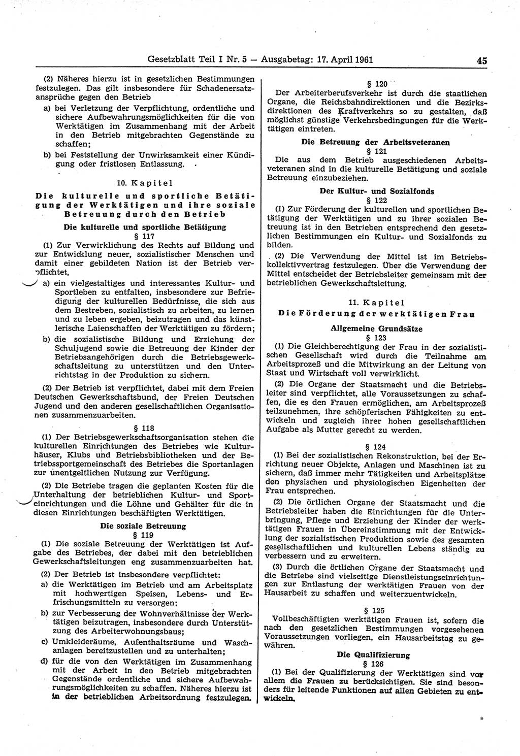 Gesetzblatt (GBl.) der Deutschen Demokratischen Republik (DDR) Teil Ⅰ 1961, Seite 45 (GBl. DDR Ⅰ 1961, S. 45)