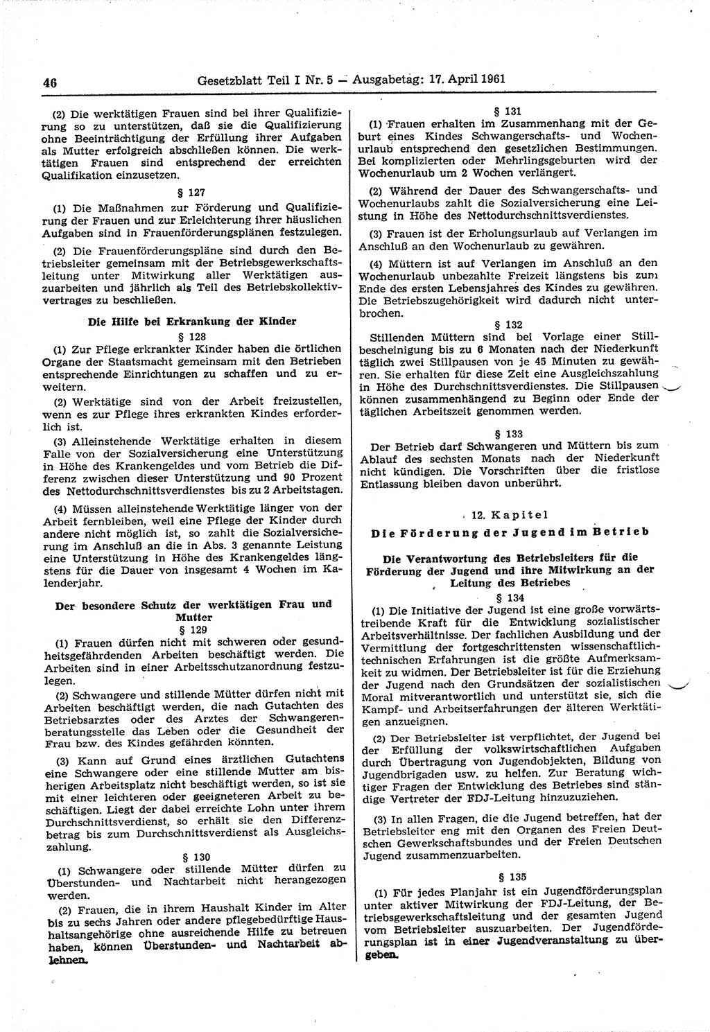 Gesetzblatt (GBl.) der Deutschen Demokratischen Republik (DDR) Teil Ⅰ 1961, Seite 46 (GBl. DDR Ⅰ 1961, S. 46)