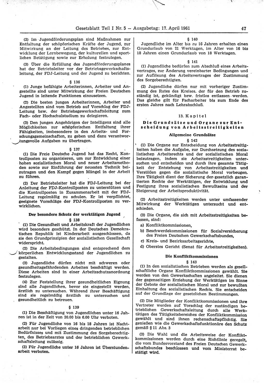 Gesetzblatt (GBl.) der Deutschen Demokratischen Republik (DDR) Teil Ⅰ 1961, Seite 47 (GBl. DDR Ⅰ 1961, S. 47)