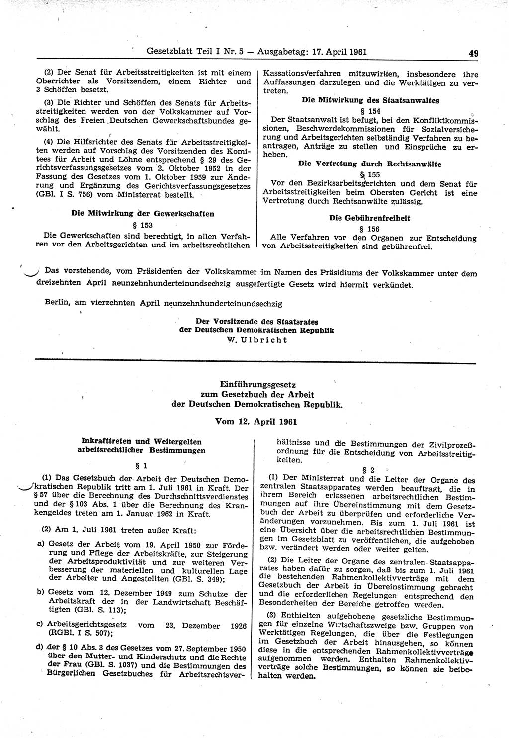 Gesetzblatt (GBl.) der Deutschen Demokratischen Republik (DDR) Teil Ⅰ 1961, Seite 49 (GBl. DDR Ⅰ 1961, S. 49)