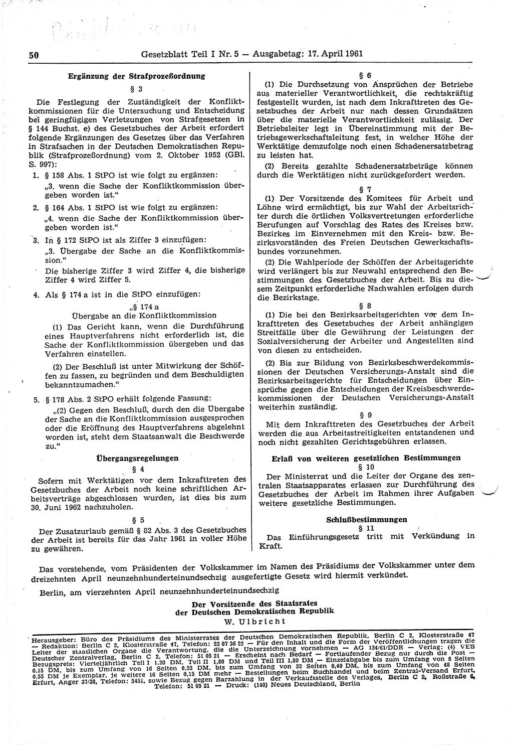 Gesetzblatt (GBl.) der Deutschen Demokratischen Republik (DDR) Teil Ⅰ 1961, Seite 50 (GBl. DDR Ⅰ 1961, S. 50)