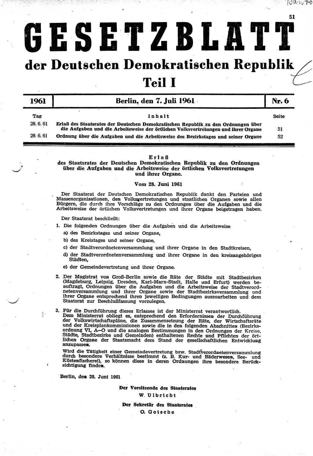 Gesetzblatt (GBl.) der Deutschen Demokratischen Republik (DDR) Teil Ⅰ 1961, Seite 51 (GBl. DDR Ⅰ 1961, S. 51)