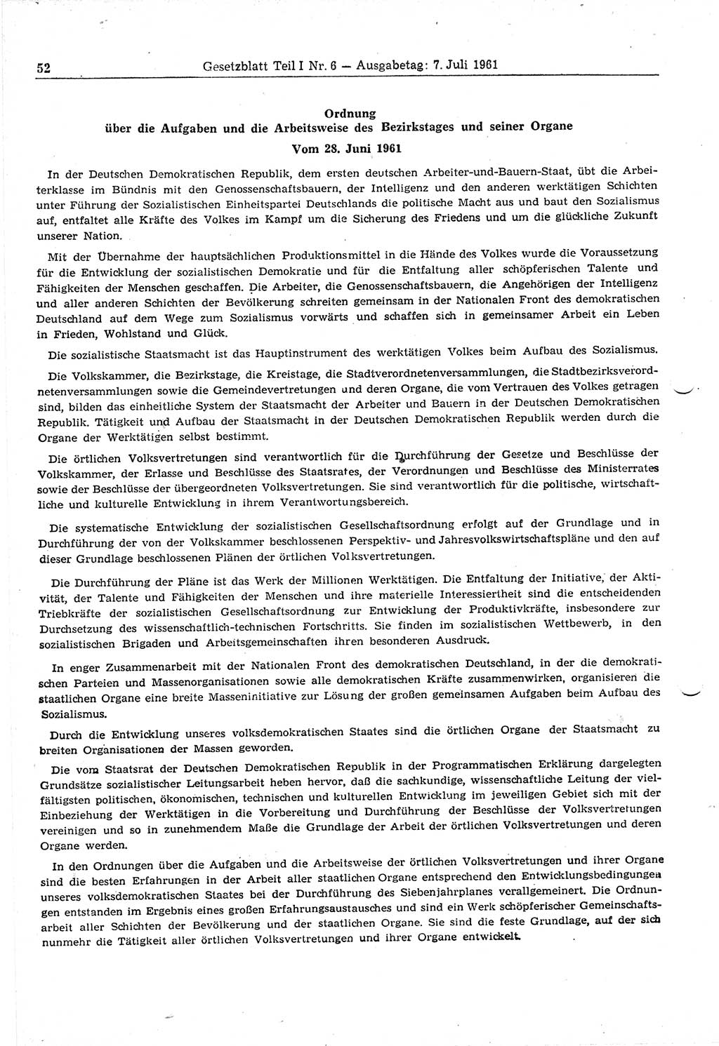 Gesetzblatt (GBl.) der Deutschen Demokratischen Republik (DDR) Teil Ⅰ 1961, Seite 52 (GBl. DDR Ⅰ 1961, S. 52)