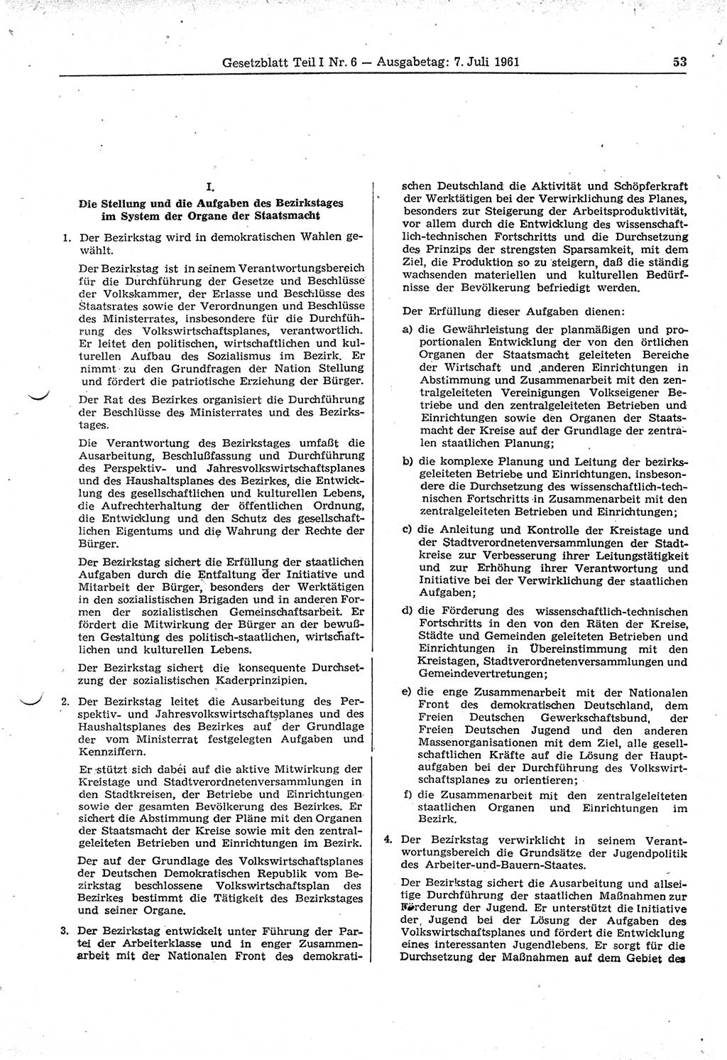 Gesetzblatt (GBl.) der Deutschen Demokratischen Republik (DDR) Teil Ⅰ 1961, Seite 53 (GBl. DDR Ⅰ 1961, S. 53)