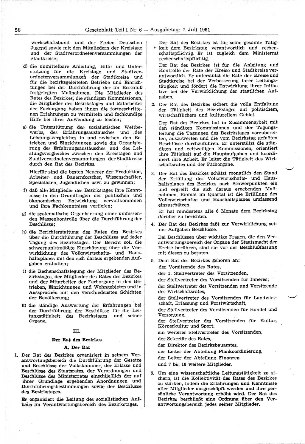 Gesetzblatt (GBl.) der Deutschen Demokratischen Republik (DDR) Teil Ⅰ 1961, Seite 56 (GBl. DDR Ⅰ 1961, S. 56)