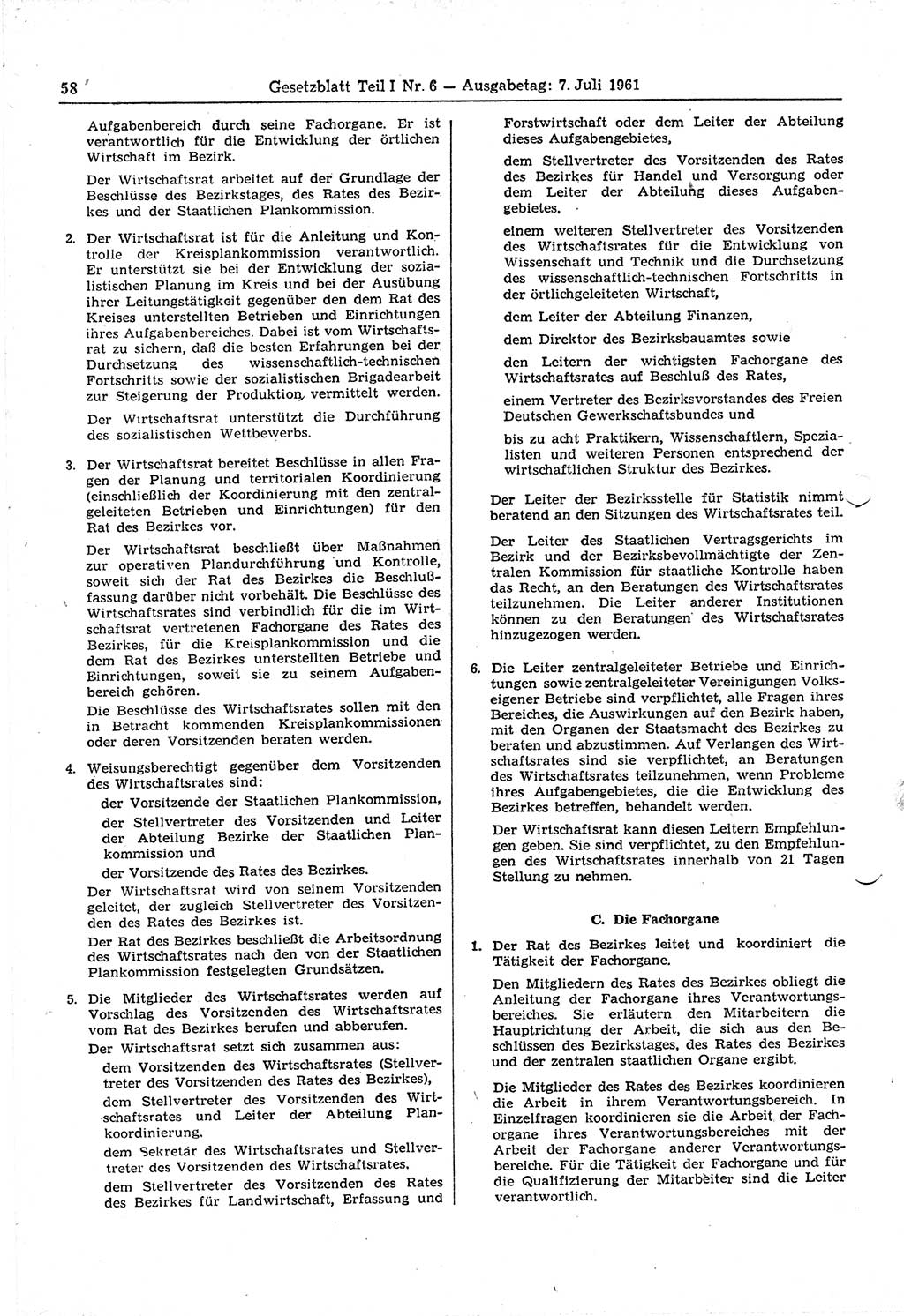 Gesetzblatt (GBl.) der Deutschen Demokratischen Republik (DDR) Teil Ⅰ 1961, Seite 58 (GBl. DDR Ⅰ 1961, S. 58)