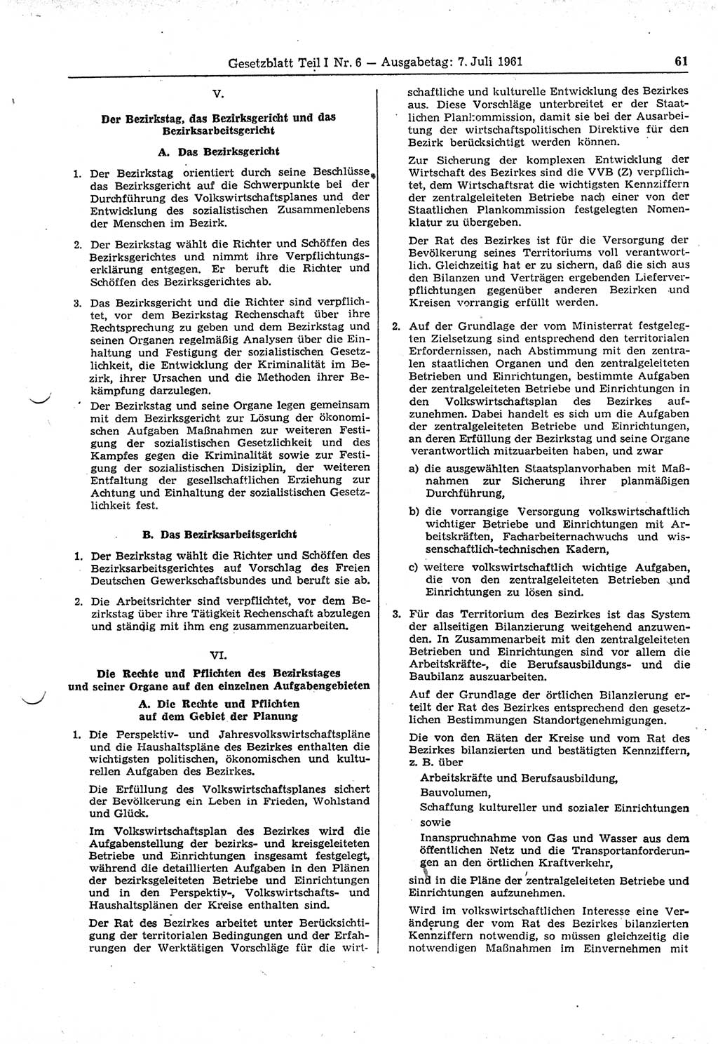 Gesetzblatt (GBl.) der Deutschen Demokratischen Republik (DDR) Teil Ⅰ 1961, Seite 61 (GBl. DDR Ⅰ 1961, S. 61)