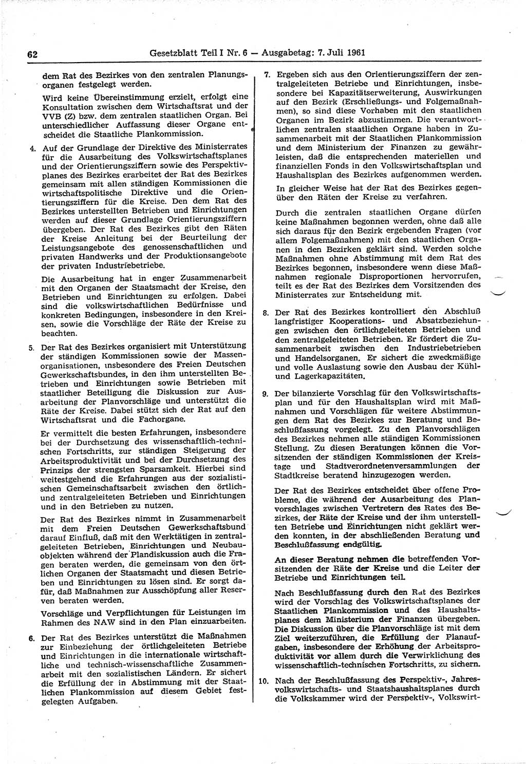 Gesetzblatt (GBl.) der Deutschen Demokratischen Republik (DDR) Teil Ⅰ 1961, Seite 62 (GBl. DDR Ⅰ 1961, S. 62)