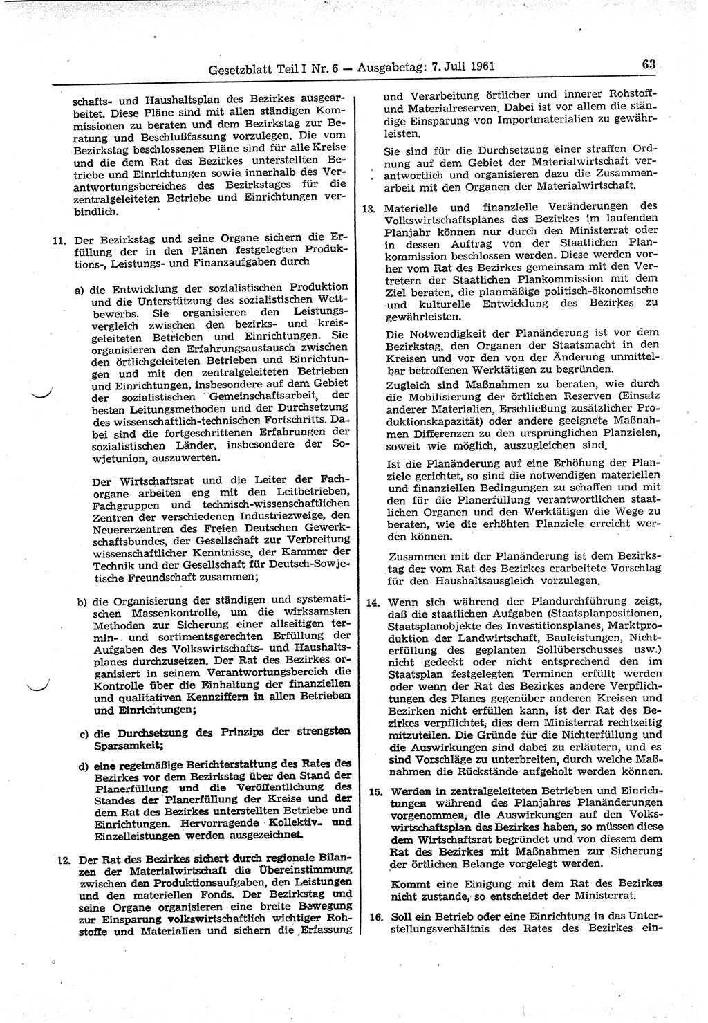 Gesetzblatt (GBl.) der Deutschen Demokratischen Republik (DDR) Teil Ⅰ 1961, Seite 63 (GBl. DDR Ⅰ 1961, S. 63)