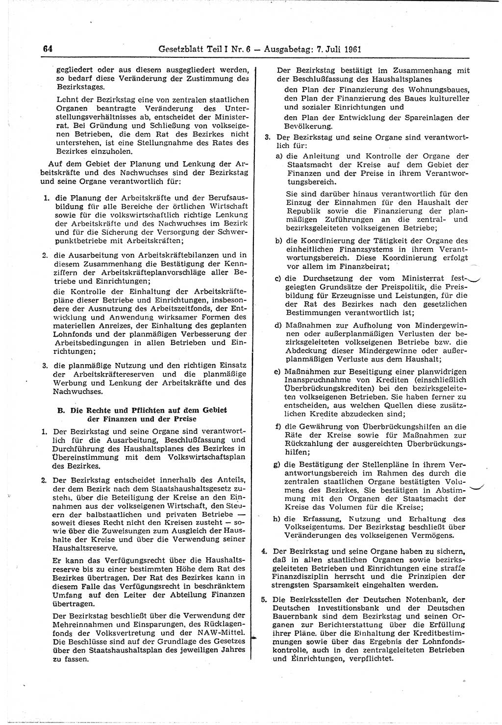 Gesetzblatt (GBl.) der Deutschen Demokratischen Republik (DDR) Teil Ⅰ 1961, Seite 64 (GBl. DDR Ⅰ 1961, S. 64)