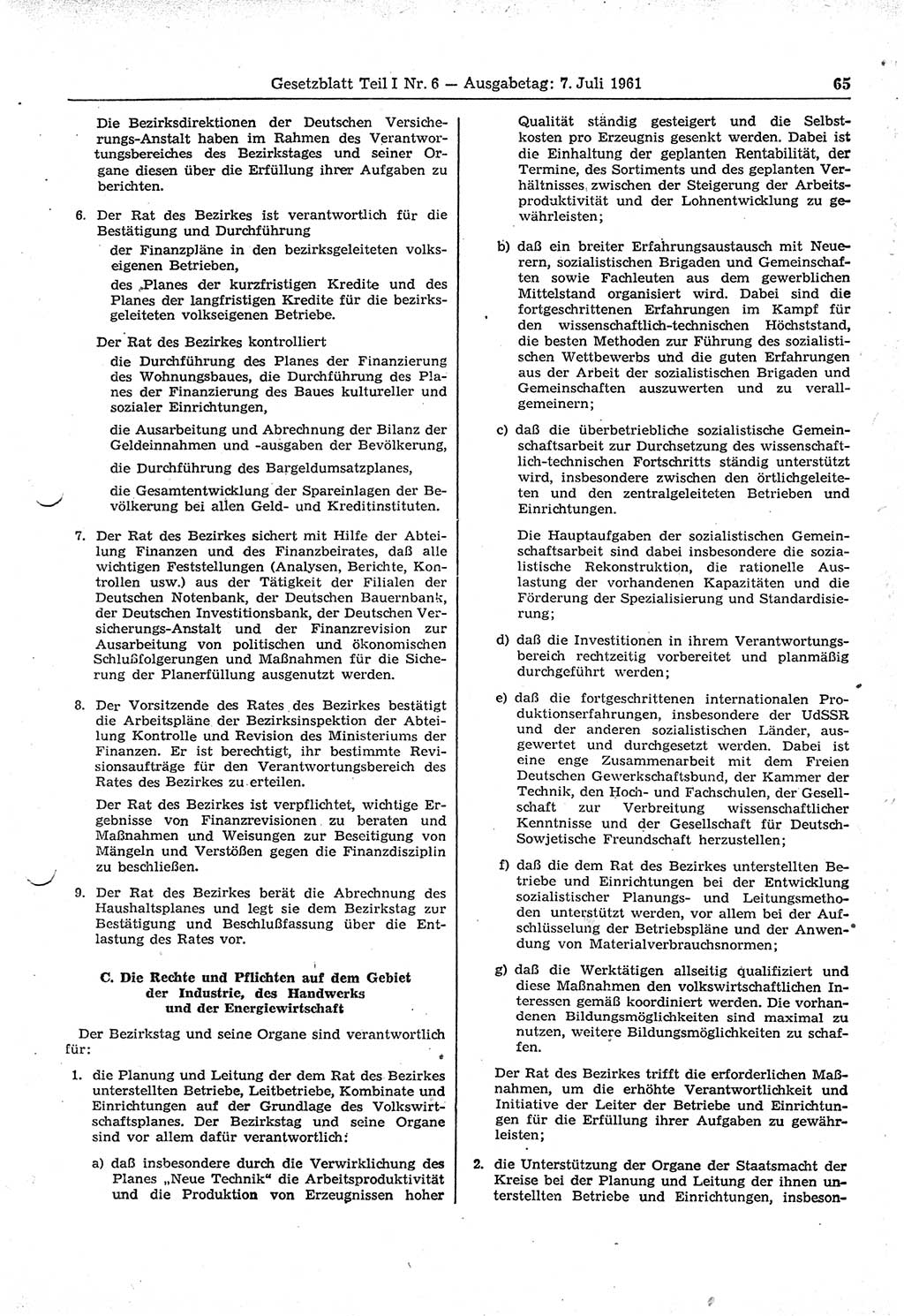 Gesetzblatt (GBl.) der Deutschen Demokratischen Republik (DDR) Teil Ⅰ 1961, Seite 65 (GBl. DDR Ⅰ 1961, S. 65)