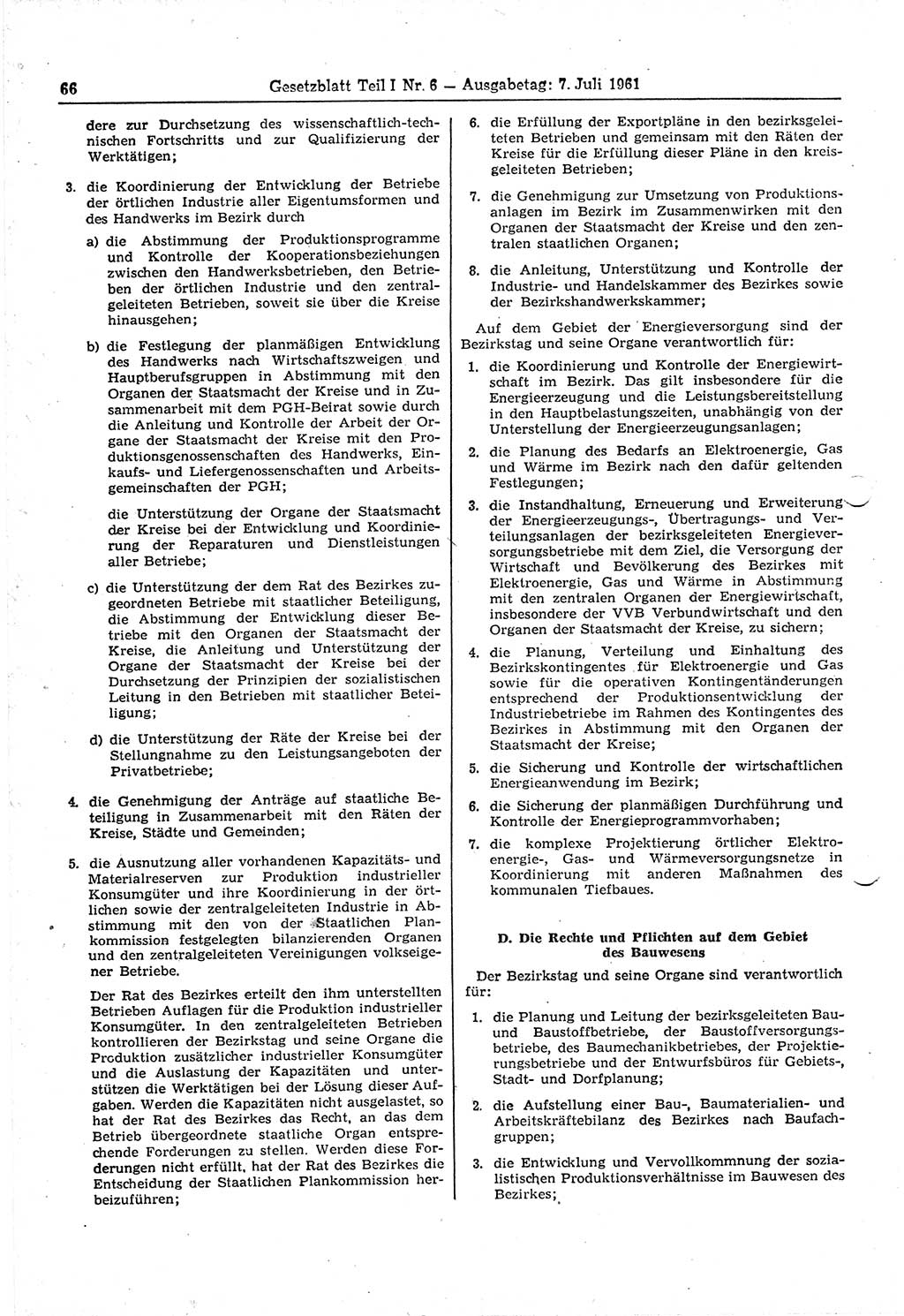 Gesetzblatt (GBl.) der Deutschen Demokratischen Republik (DDR) Teil Ⅰ 1961, Seite 66 (GBl. DDR Ⅰ 1961, S. 66)