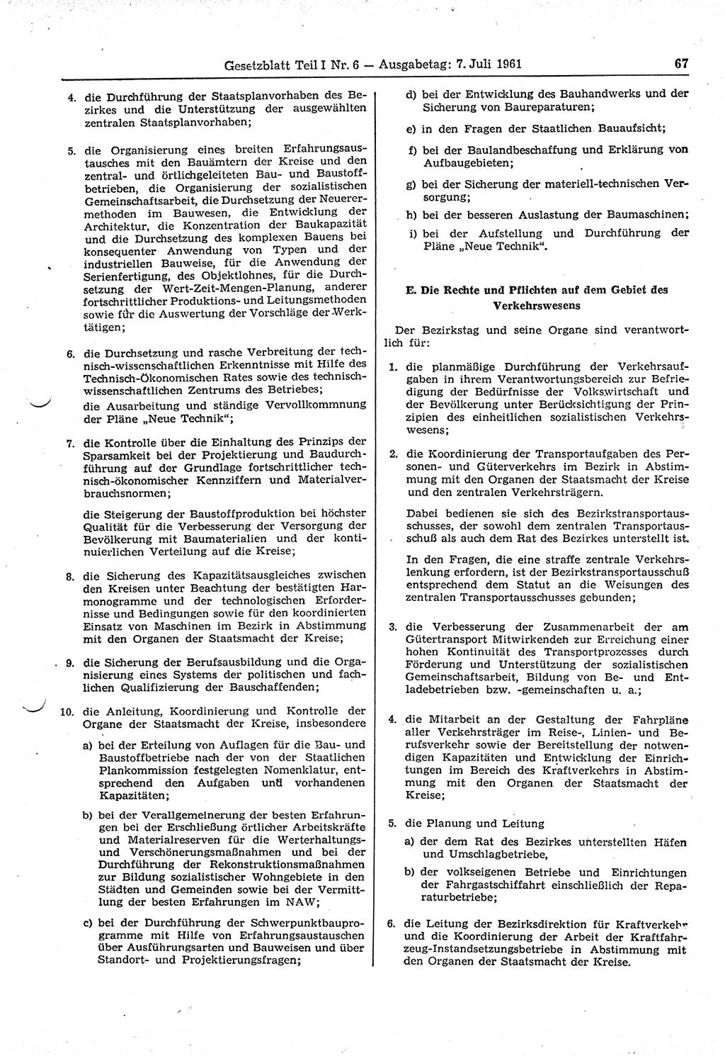 Gesetzblatt (GBl.) der Deutschen Demokratischen Republik (DDR) Teil Ⅰ 1961, Seite 67 (GBl. DDR Ⅰ 1961, S. 67)