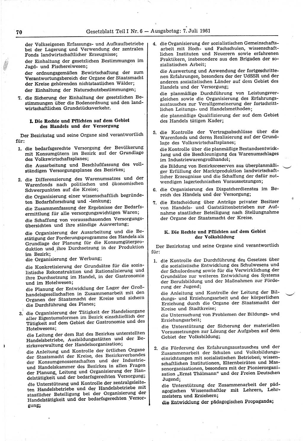 Gesetzblatt (GBl.) der Deutschen Demokratischen Republik (DDR) Teil Ⅰ 1961, Seite 70 (GBl. DDR Ⅰ 1961, S. 70)