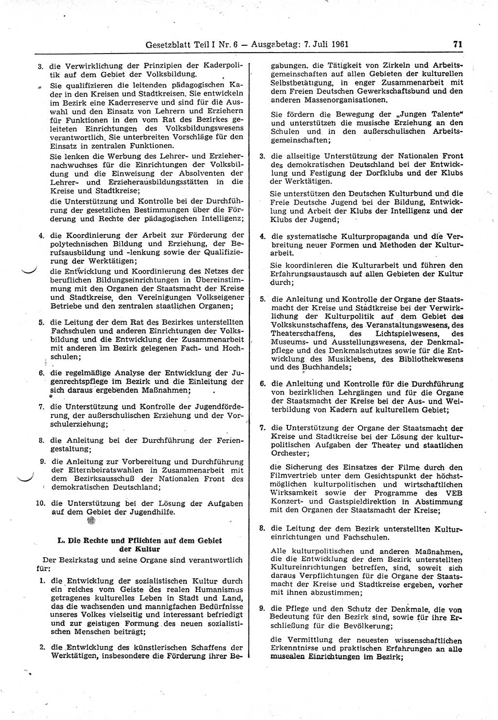 Gesetzblatt (GBl.) der Deutschen Demokratischen Republik (DDR) Teil Ⅰ 1961, Seite 71 (GBl. DDR Ⅰ 1961, S. 71)
