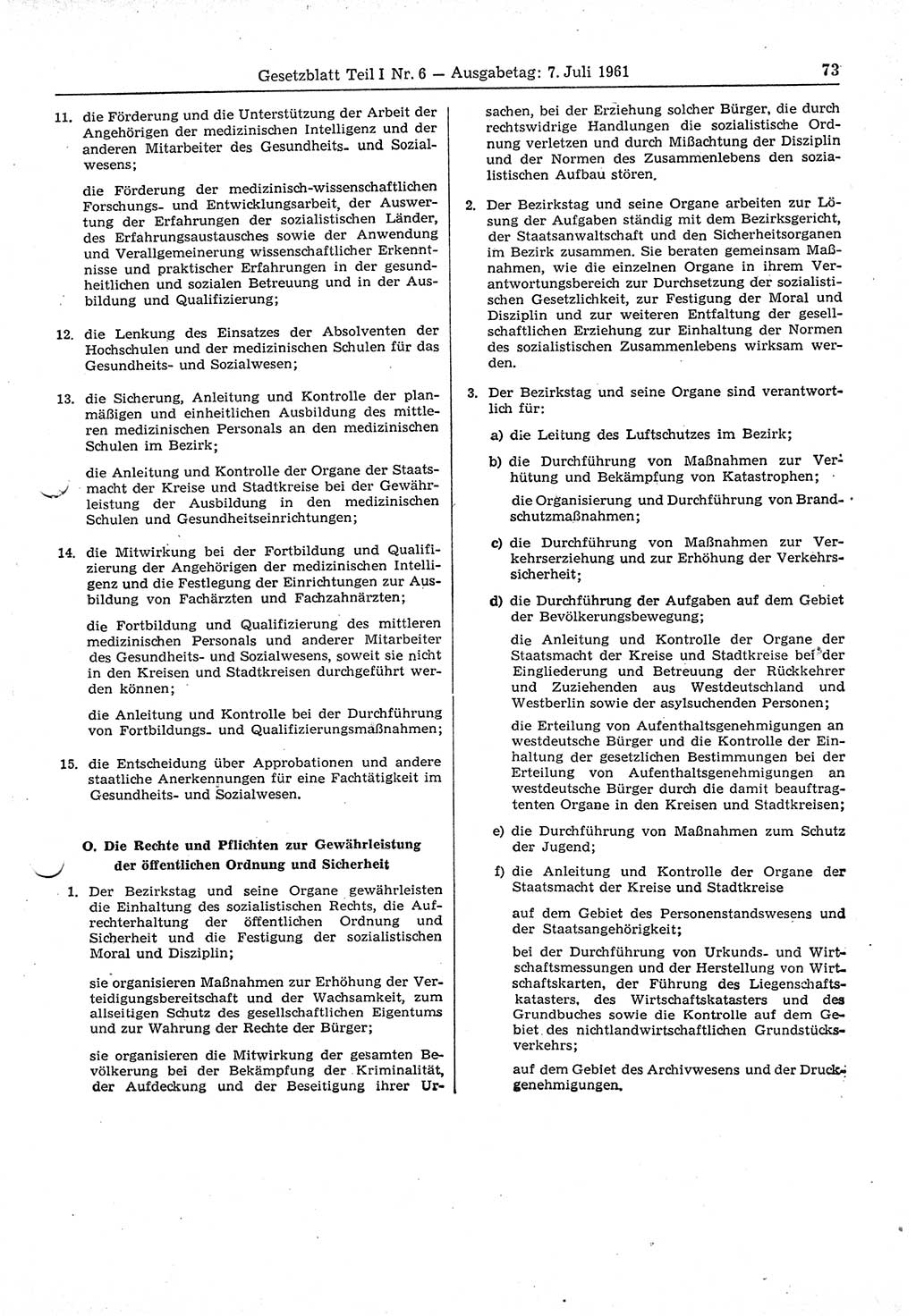Gesetzblatt (GBl.) der Deutschen Demokratischen Republik (DDR) Teil Ⅰ 1961, Seite 73 (GBl. DDR Ⅰ 1961, S. 73)