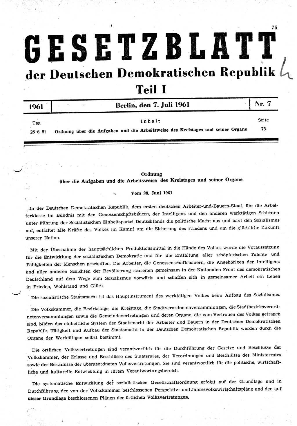 Gesetzblatt (GBl.) der Deutschen Demokratischen Republik (DDR) Teil Ⅰ 1961, Seite 75 (GBl. DDR Ⅰ 1961, S. 75)