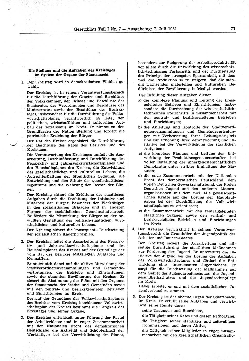 Gesetzblatt (GBl.) der Deutschen Demokratischen Republik (DDR) Teil Ⅰ 1961, Seite 77 (GBl. DDR Ⅰ 1961, S. 77)