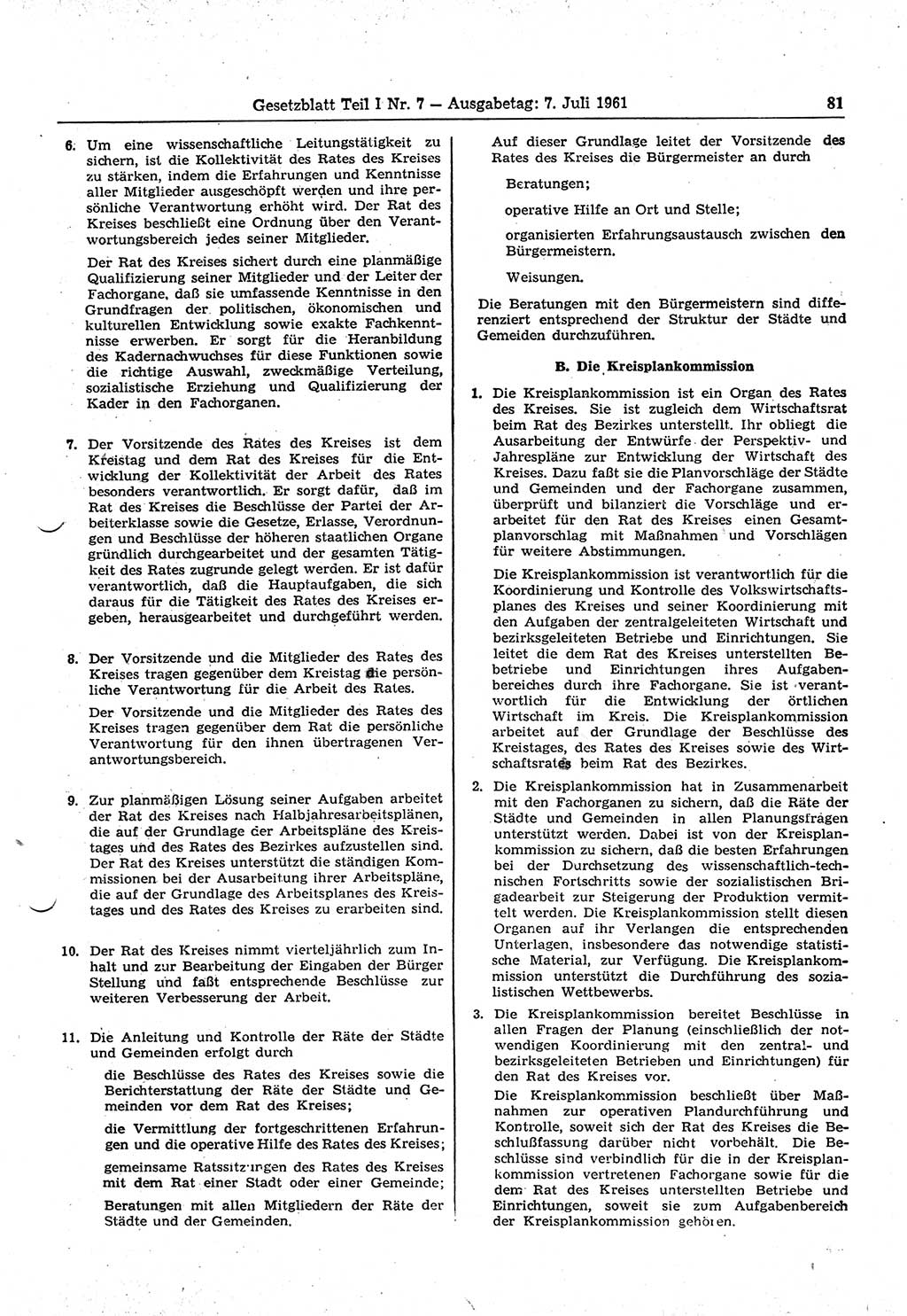 Gesetzblatt (GBl.) der Deutschen Demokratischen Republik (DDR) Teil Ⅰ 1961, Seite 81 (GBl. DDR Ⅰ 1961, S. 81)