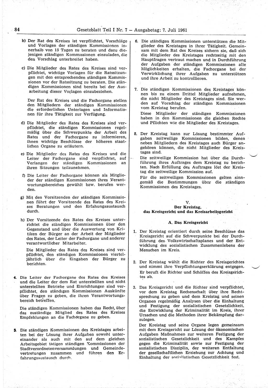 Gesetzblatt (GBl.) der Deutschen Demokratischen Republik (DDR) Teil Ⅰ 1961, Seite 84 (GBl. DDR Ⅰ 1961, S. 84)