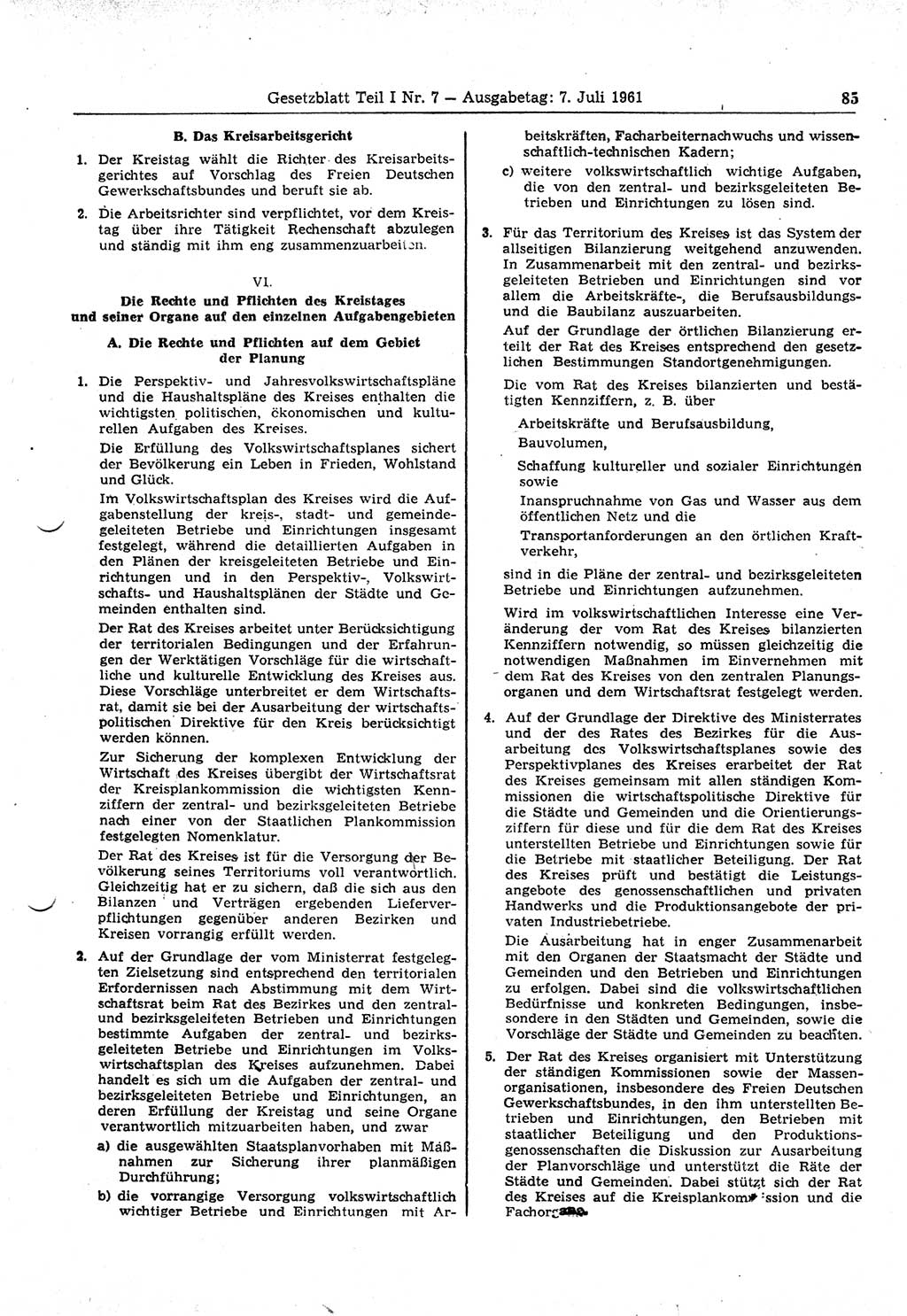 Gesetzblatt (GBl.) der Deutschen Demokratischen Republik (DDR) Teil Ⅰ 1961, Seite 85 (GBl. DDR Ⅰ 1961, S. 85)