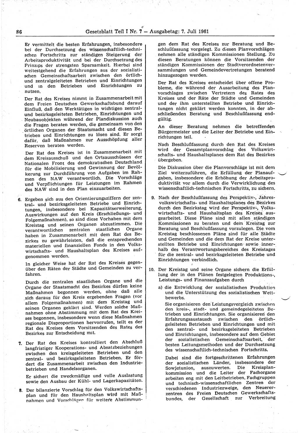 Gesetzblatt (GBl.) der Deutschen Demokratischen Republik (DDR) Teil Ⅰ 1961, Seite 86 (GBl. DDR Ⅰ 1961, S. 86)