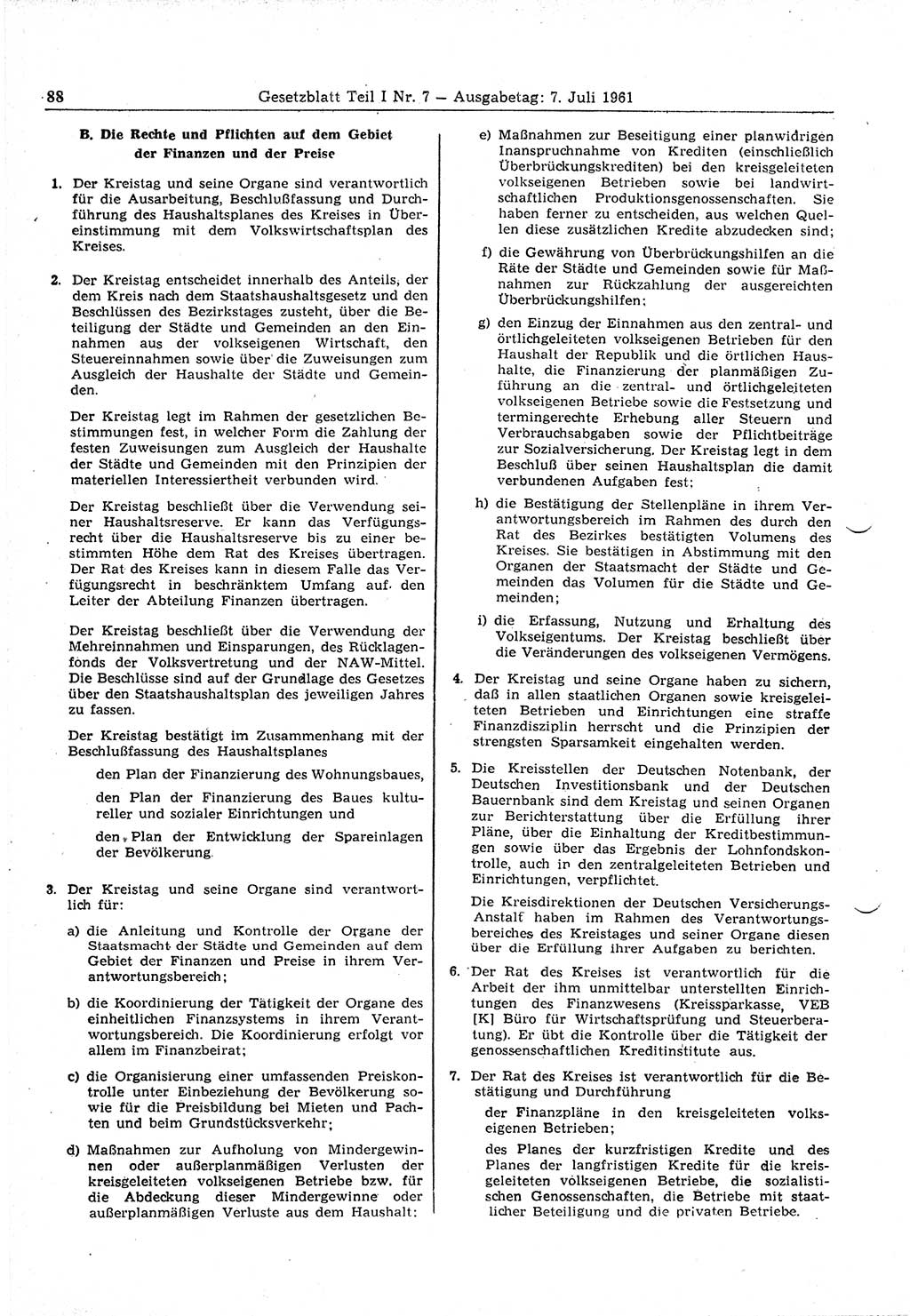Gesetzblatt (GBl.) der Deutschen Demokratischen Republik (DDR) Teil Ⅰ 1961, Seite 88 (GBl. DDR Ⅰ 1961, S. 88)