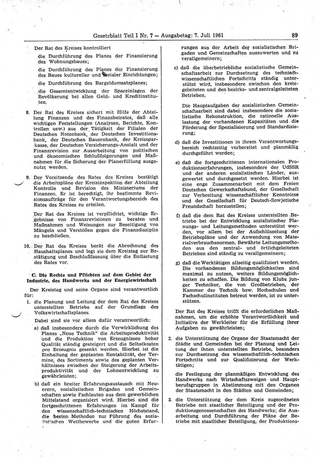 Gesetzblatt (GBl.) der Deutschen Demokratischen Republik (DDR) Teil Ⅰ 1961, Seite 89 (GBl. DDR Ⅰ 1961, S. 89)