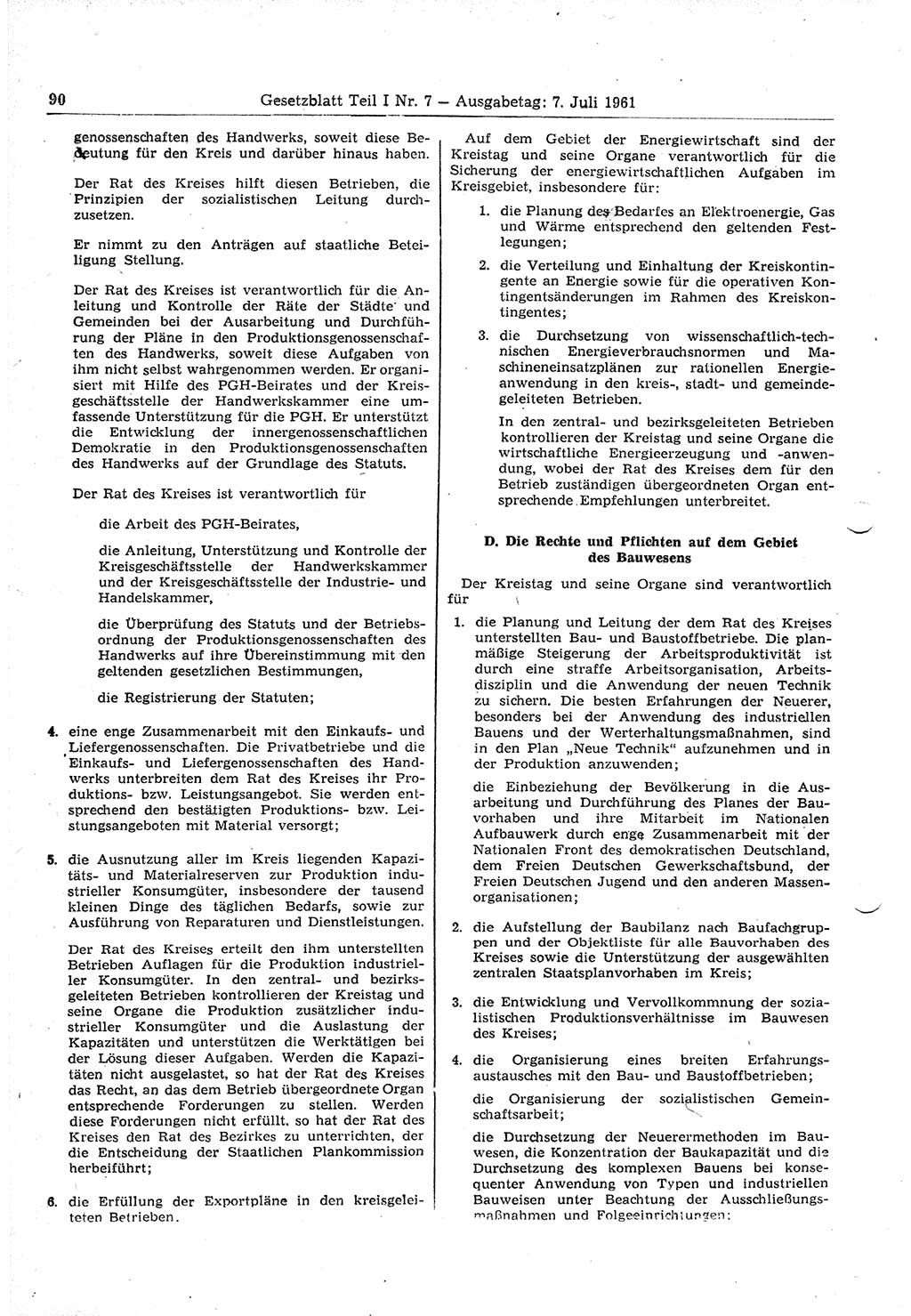 Gesetzblatt (GBl.) der Deutschen Demokratischen Republik (DDR) Teil Ⅰ 1961, Seite 90 (GBl. DDR Ⅰ 1961, S. 90)