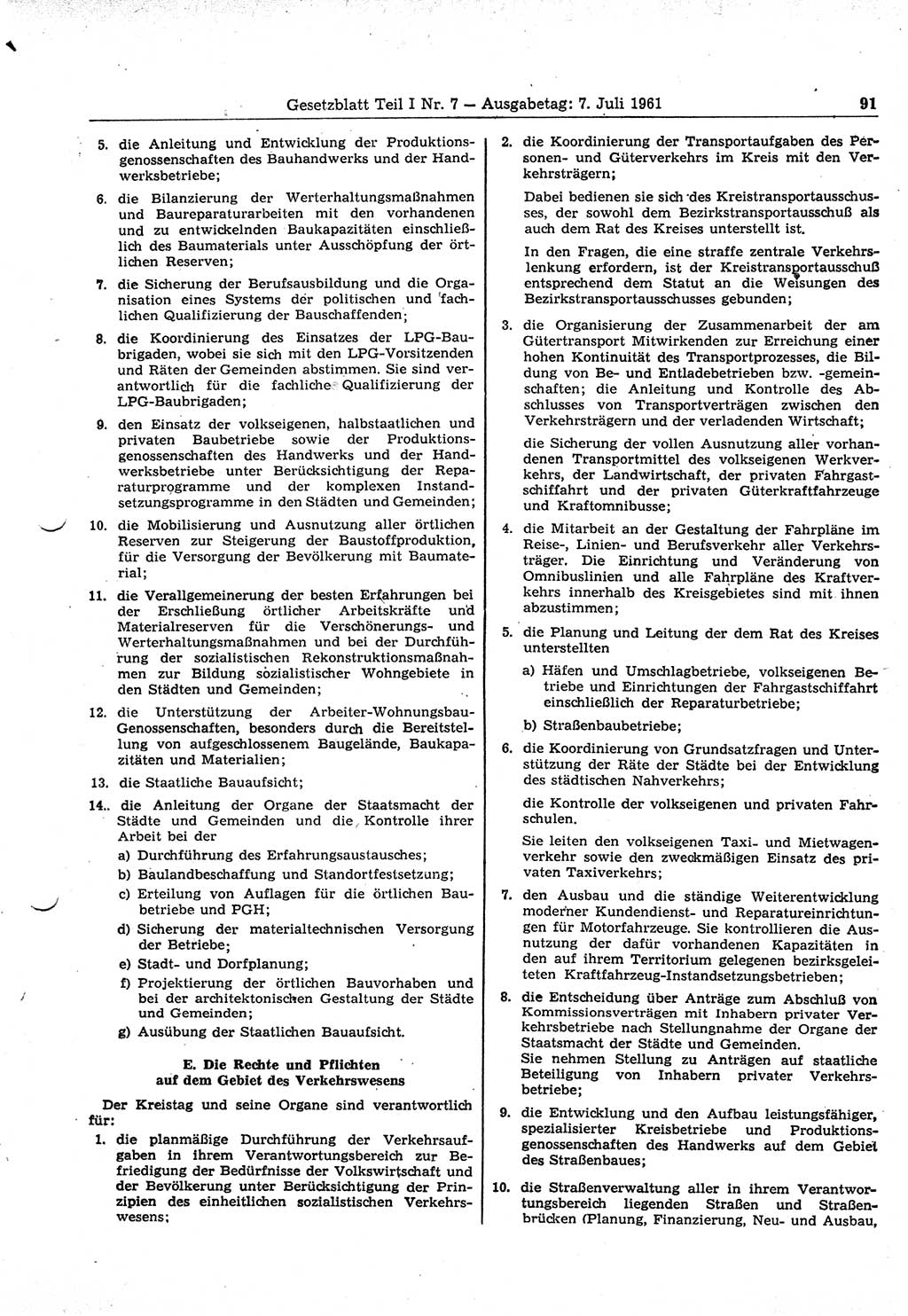 Gesetzblatt (GBl.) der Deutschen Demokratischen Republik (DDR) Teil Ⅰ 1961, Seite 91 (GBl. DDR Ⅰ 1961, S. 91)