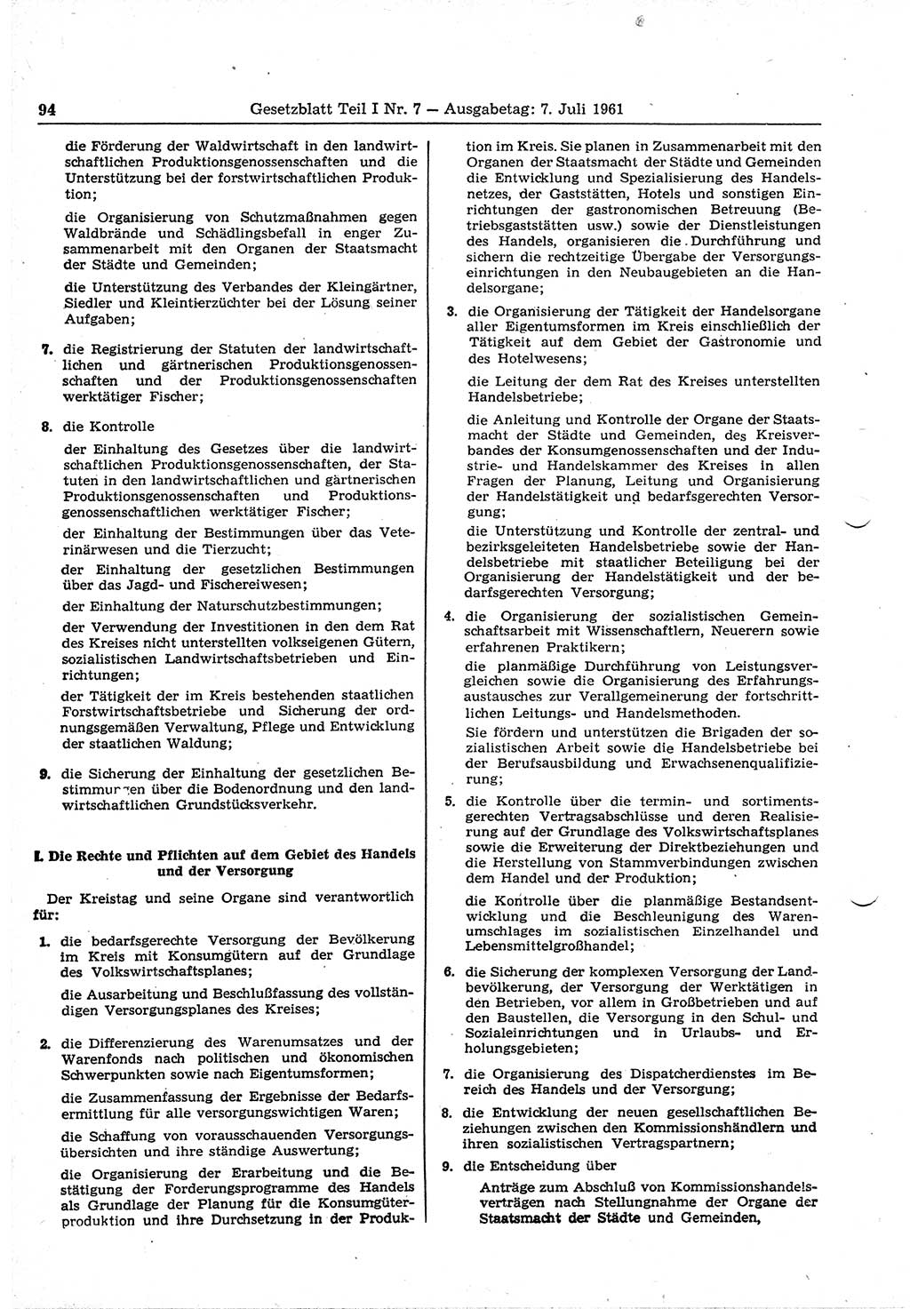 Gesetzblatt (GBl.) der Deutschen Demokratischen Republik (DDR) Teil Ⅰ 1961, Seite 94 (GBl. DDR Ⅰ 1961, S. 94)
