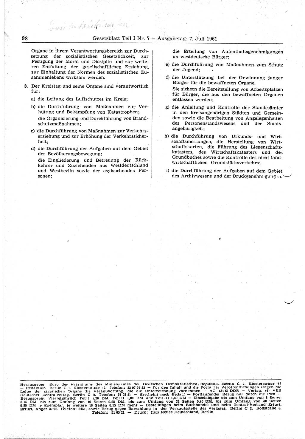 Gesetzblatt (GBl.) der Deutschen Demokratischen Republik (DDR) Teil Ⅰ 1961, Seite 98 (GBl. DDR Ⅰ 1961, S. 98)