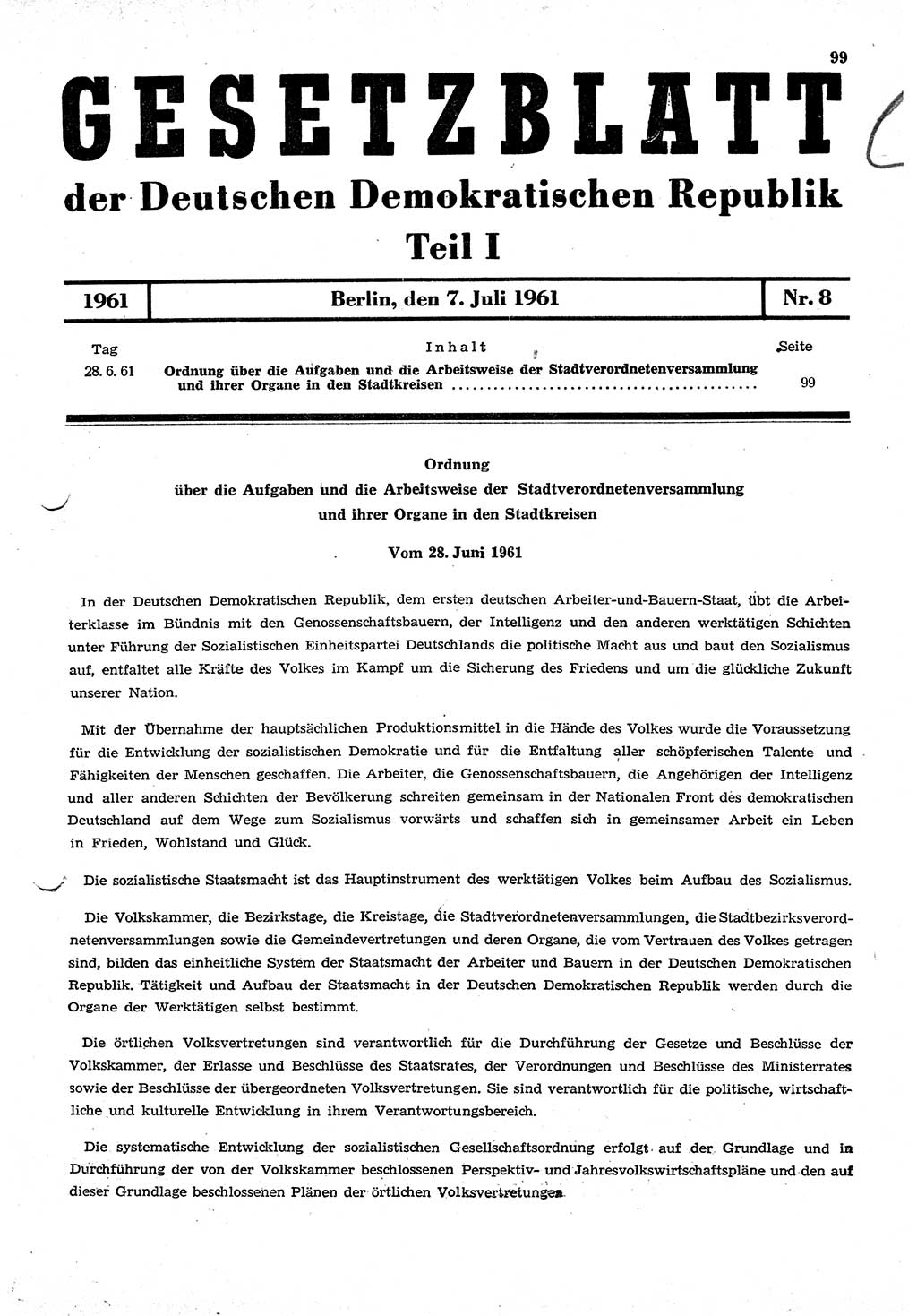 Gesetzblatt (GBl.) der Deutschen Demokratischen Republik (DDR) Teil Ⅰ 1961, Seite 99 (GBl. DDR Ⅰ 1961, S. 99)