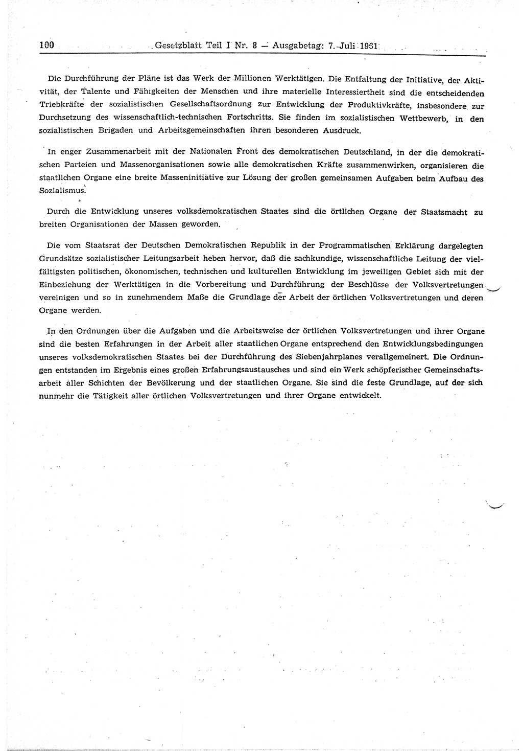 Gesetzblatt (GBl.) der Deutschen Demokratischen Republik (DDR) Teil Ⅰ 1961, Seite 100 (GBl. DDR Ⅰ 1961, S. 100)