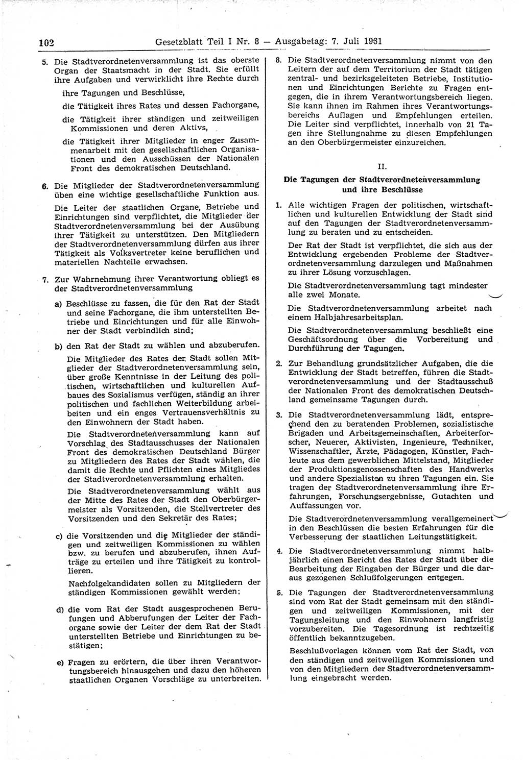 Gesetzblatt (GBl.) der Deutschen Demokratischen Republik (DDR) Teil Ⅰ 1961, Seite 102 (GBl. DDR Ⅰ 1961, S. 102)