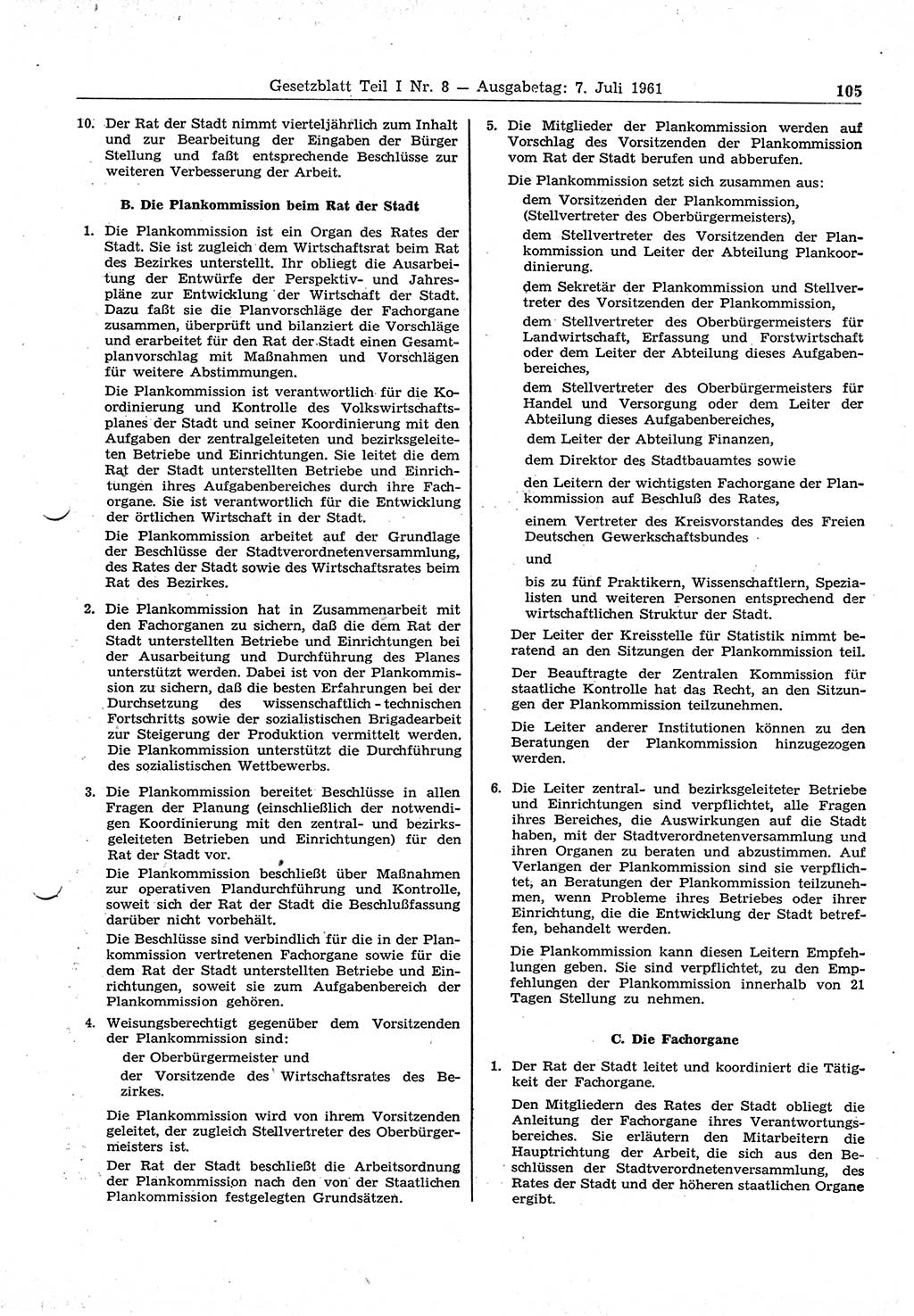 Gesetzblatt (GBl.) der Deutschen Demokratischen Republik (DDR) Teil Ⅰ 1961, Seite 105 (GBl. DDR Ⅰ 1961, S. 105)