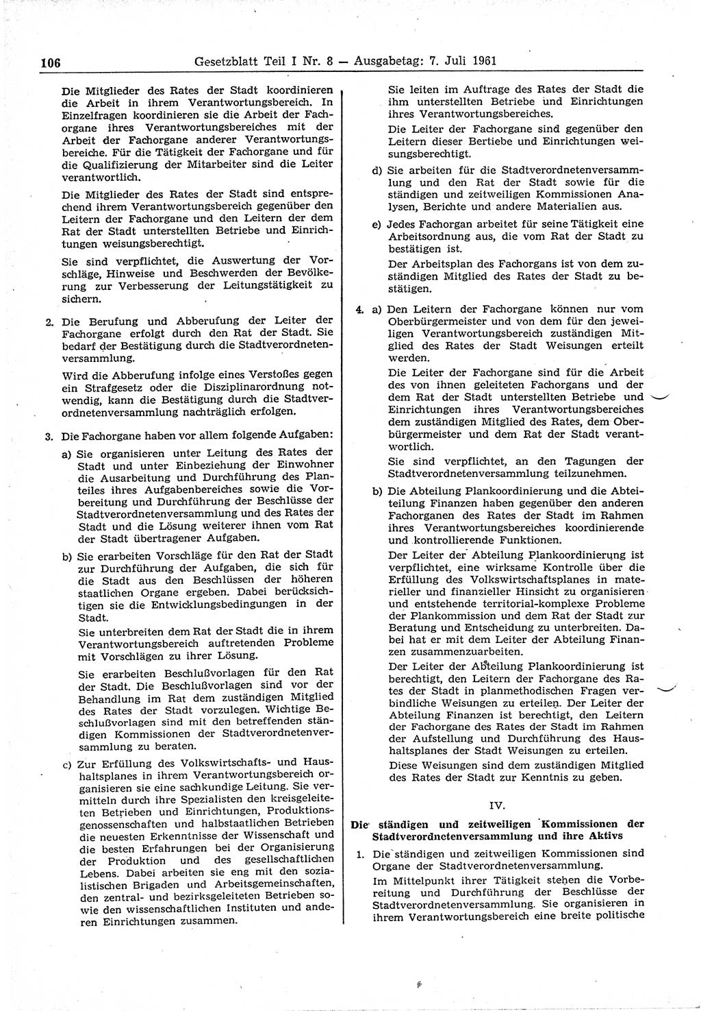 Gesetzblatt (GBl.) der Deutschen Demokratischen Republik (DDR) Teil Ⅰ 1961, Seite 106 (GBl. DDR Ⅰ 1961, S. 106)