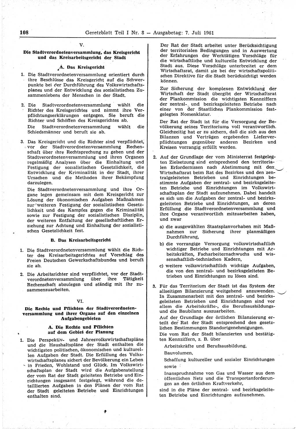Gesetzblatt (GBl.) der Deutschen Demokratischen Republik (DDR) Teil Ⅰ 1961, Seite 108 (GBl. DDR Ⅰ 1961, S. 108)