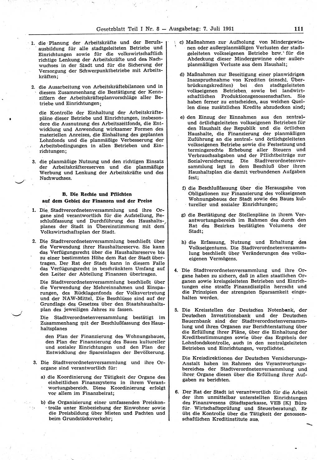 Gesetzblatt (GBl.) der Deutschen Demokratischen Republik (DDR) Teil Ⅰ 1961, Seite 111 (GBl. DDR Ⅰ 1961, S. 111)